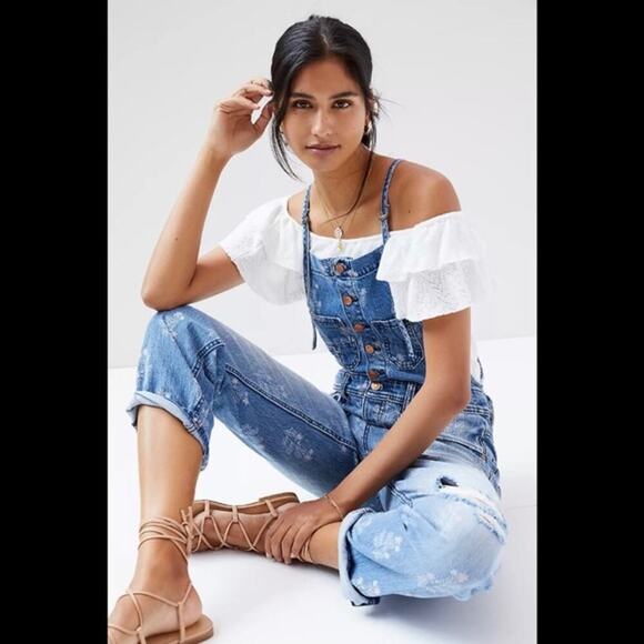 ANTHROPOLOGIE Pilcro Painters Denim Overalls Floral Shabby Chic Size 30 NWT New - Picture 13 of 13